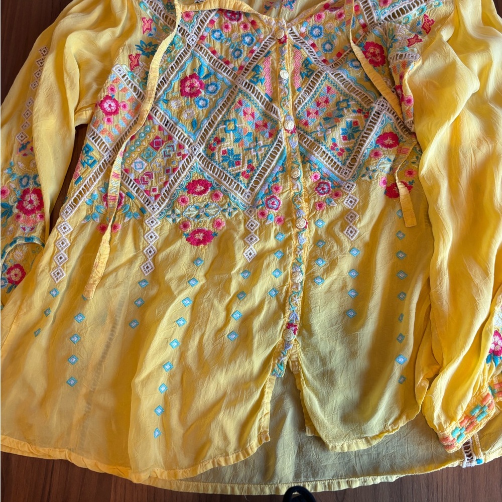 Johnny Was Yellow Floral Embroidered Blouse